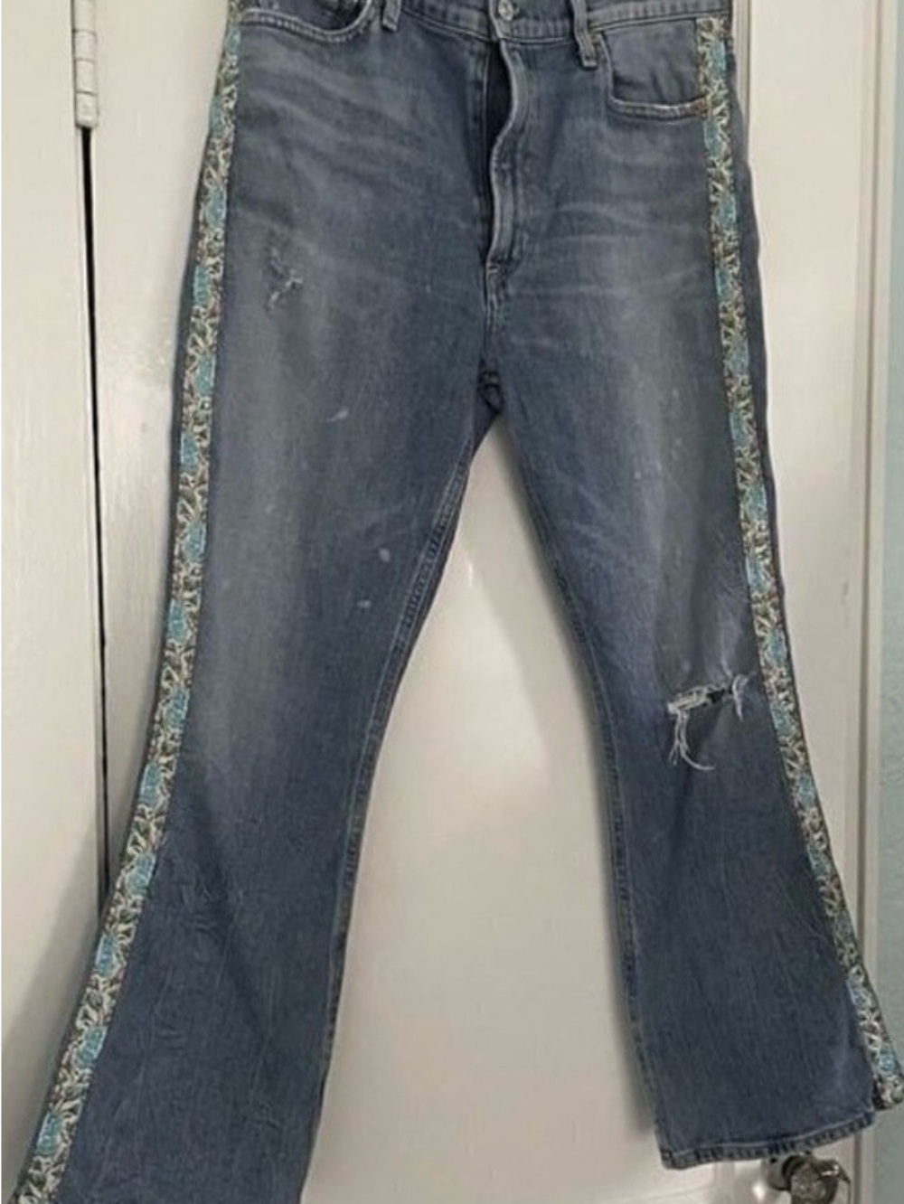 Citizens Of Humanity Blue Flare Jeans with Turquoise Embroidered Side Trim